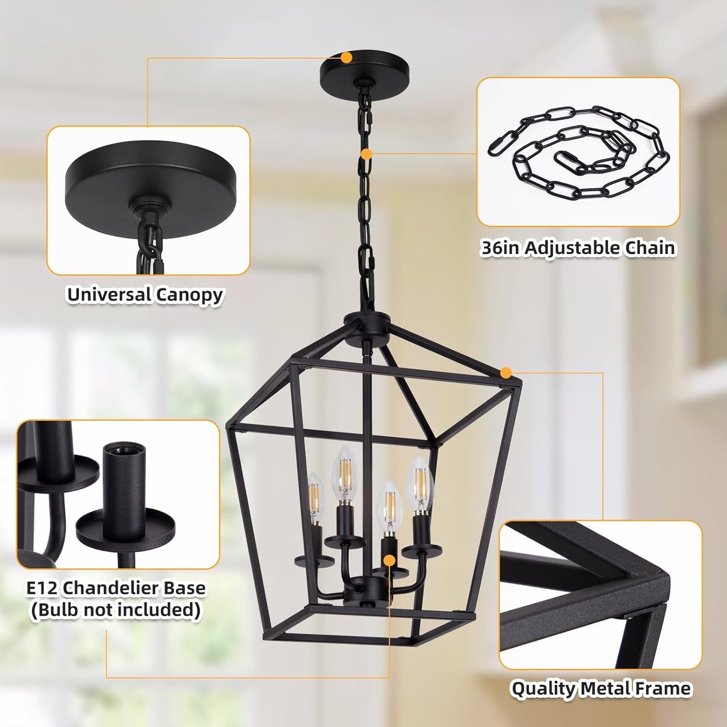 4 Light Chandelier, Industrial Ceiling Light Black Lantern Light Fixtures with Farmhouse Metal Cage Adjustable Height Rustic Geometric Hanging Light E12 Base for Kitchen Island, Entryway, Indoor-3