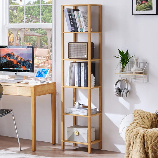 66In Tall Bookshelf 6-Tier Small Narrow Bookcase, Skinny Book Shelf for Small Space, Farmhouse Slim Shelf with Storage, Wood Freestanding Display Thin Bookshelves for Living Room, Natural-0