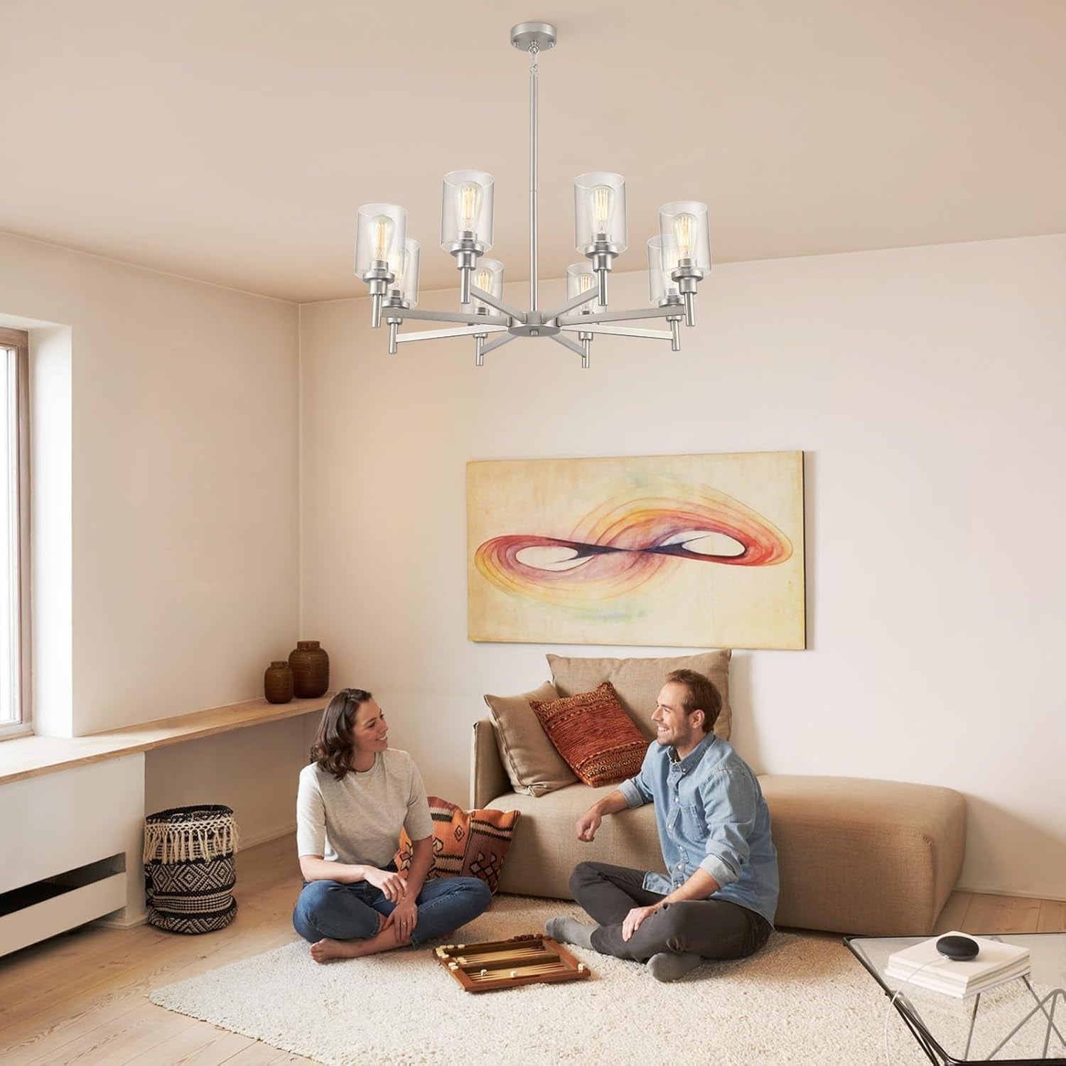 8 Light Brushed Nickel Chandelier: Dining Room, Living-0