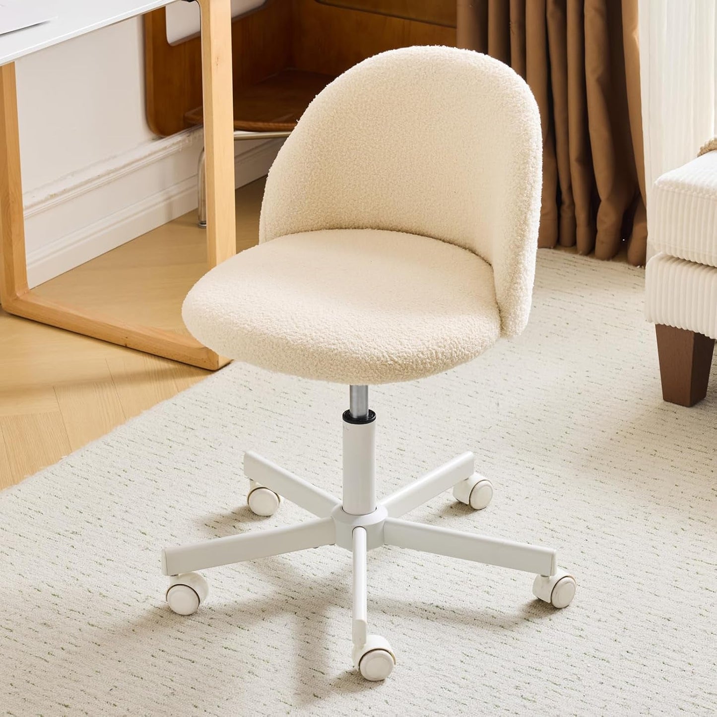 Candy Chair Armless Cute Desk Chair,Comfy Small Office Chair with Wheels,Vanity Chair Lumbar Support,Teddy Adjustable Rolling Swivel Computer Task Chair for Home Office,Bedroom,Creamy Beige-0