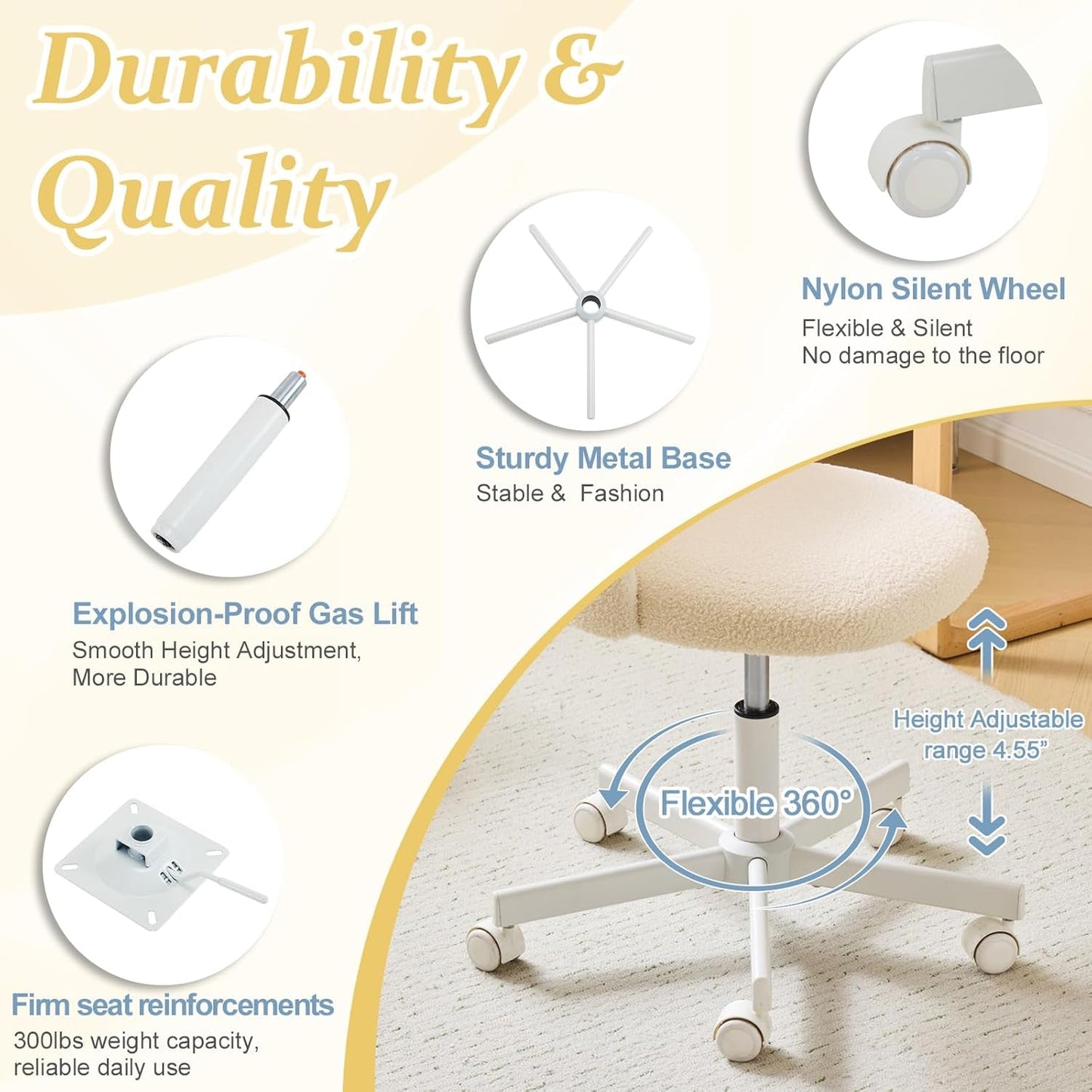 Candy Chair Armless Cute Desk Chair,Comfy Small Office Chair with Wheels,Vanity Chair Lumbar Support,Teddy Adjustable Rolling Swivel Computer Task Chair for Home Office,Bedroom,Creamy Beige-2