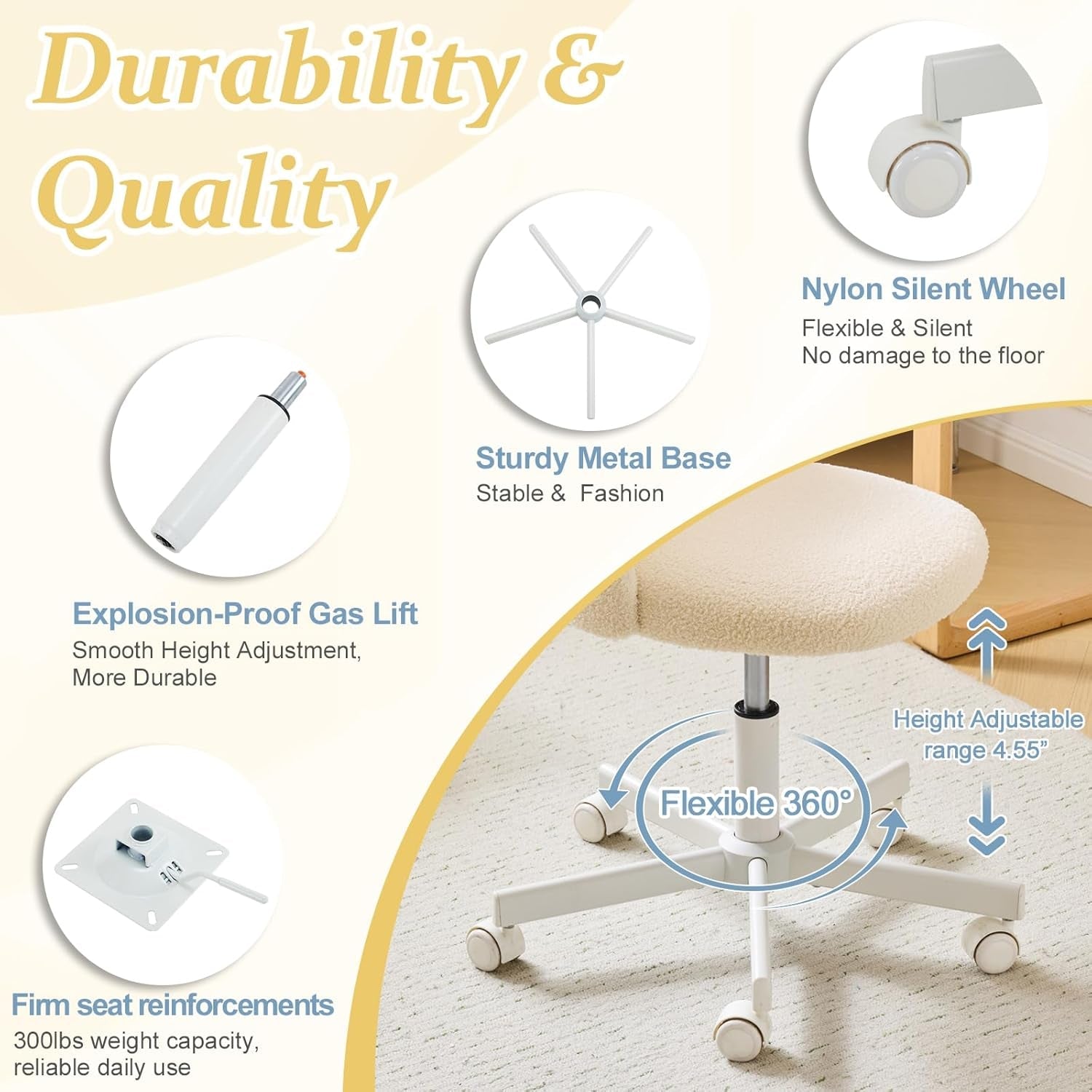 Candy Chair Armless Cute Desk Chair,Comfy Small Office Chair with Wheels,Vanity Chair Lumbar Support,Teddy Adjustable Rolling Swivel Computer Task Chair for Home Office,Bedroom,Creamy Beige-2