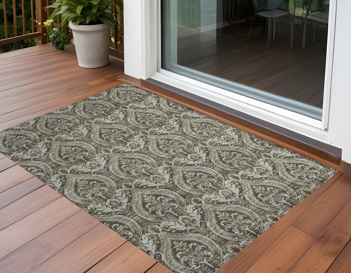 2' X 3' Taupe and Beige Damask Washable Non Skid Indoor Outdoor Area Rug-0