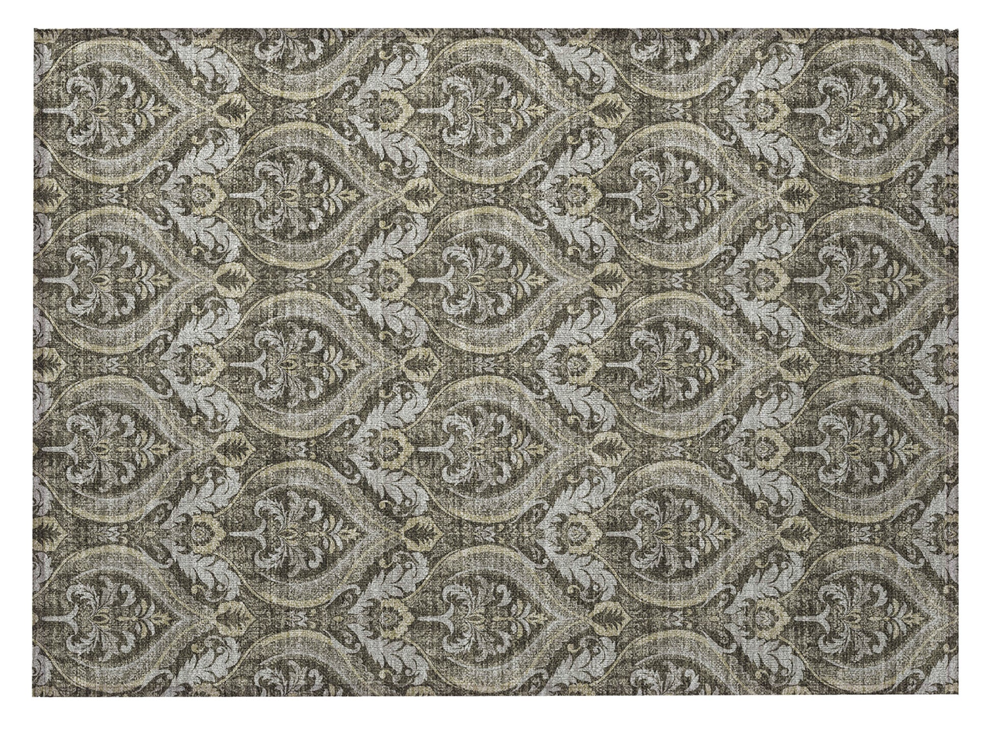 2' X 3' Taupe and Beige Damask Washable Non Skid Indoor Outdoor Area Rug-4