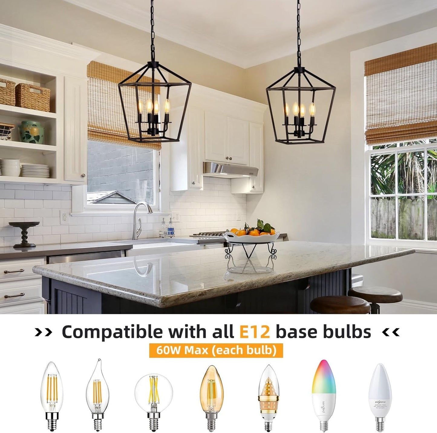 4 Light Chandelier, Industrial Ceiling Light Black Lantern Light Fixtures with Farmhouse Metal Cage Adjustable Height Rustic Geometric Hanging Light E12 Base for Kitchen Island, Entryway, Indoor-2