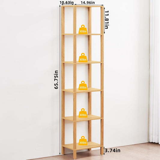 66In Tall Bookshelf 6-Tier Small Narrow Bookcase, Skinny Book Shelf for Small Space, Farmhouse Slim Shelf with Storage, Wood Freestanding Display Thin Bookshelves for Living Room, Natural-1