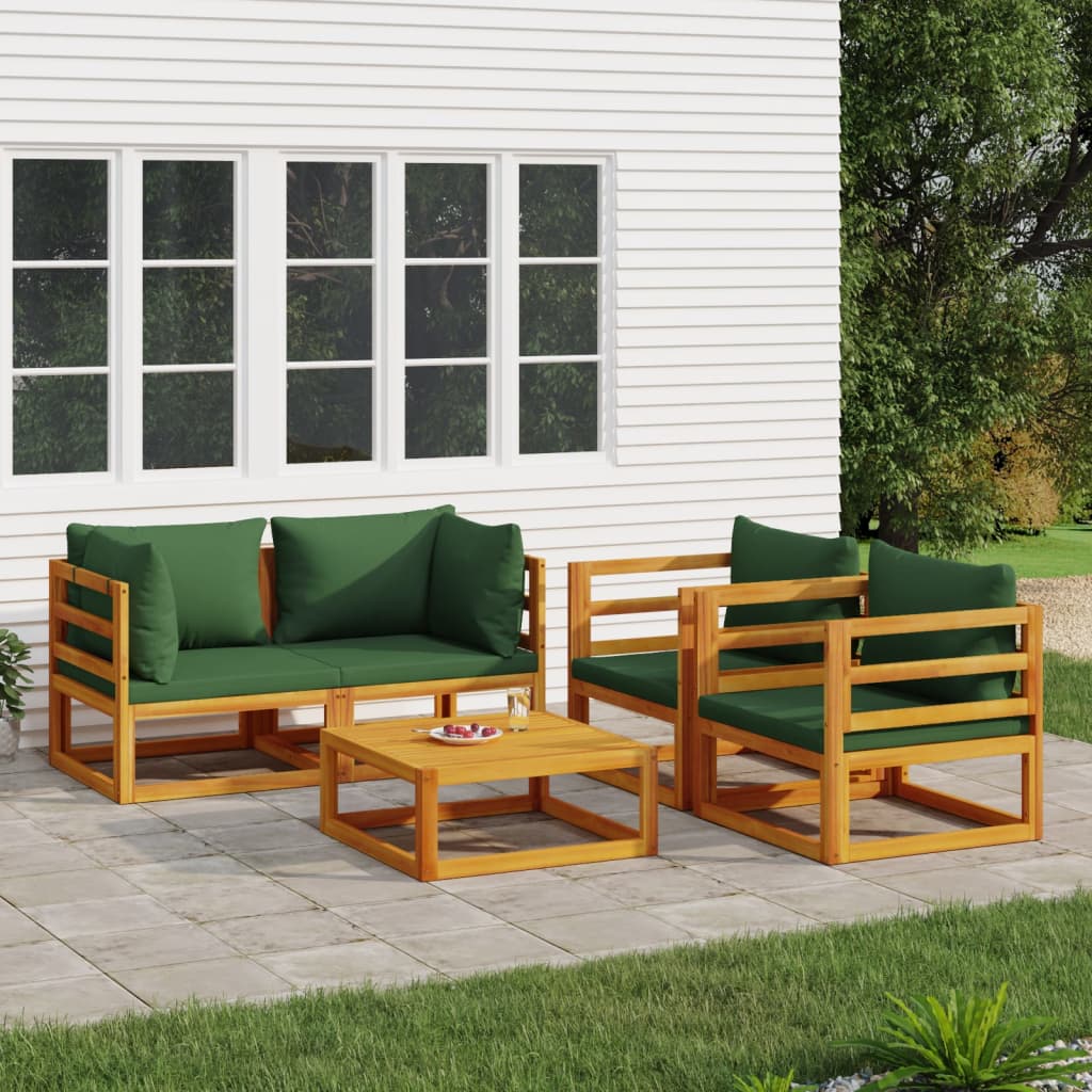 vidaXL 5 Piece Patio Lounge Set with Green Cushions Solid Wood-0