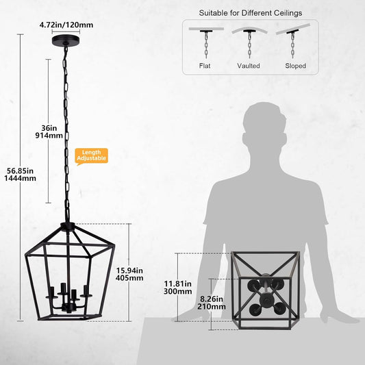 4 Light Chandelier, Industrial Ceiling Light Black Lantern Light Fixtures with Farmhouse Metal Cage Adjustable Height Rustic Geometric Hanging Light E12 Base for Kitchen Island, Entryway, Indoor-1
