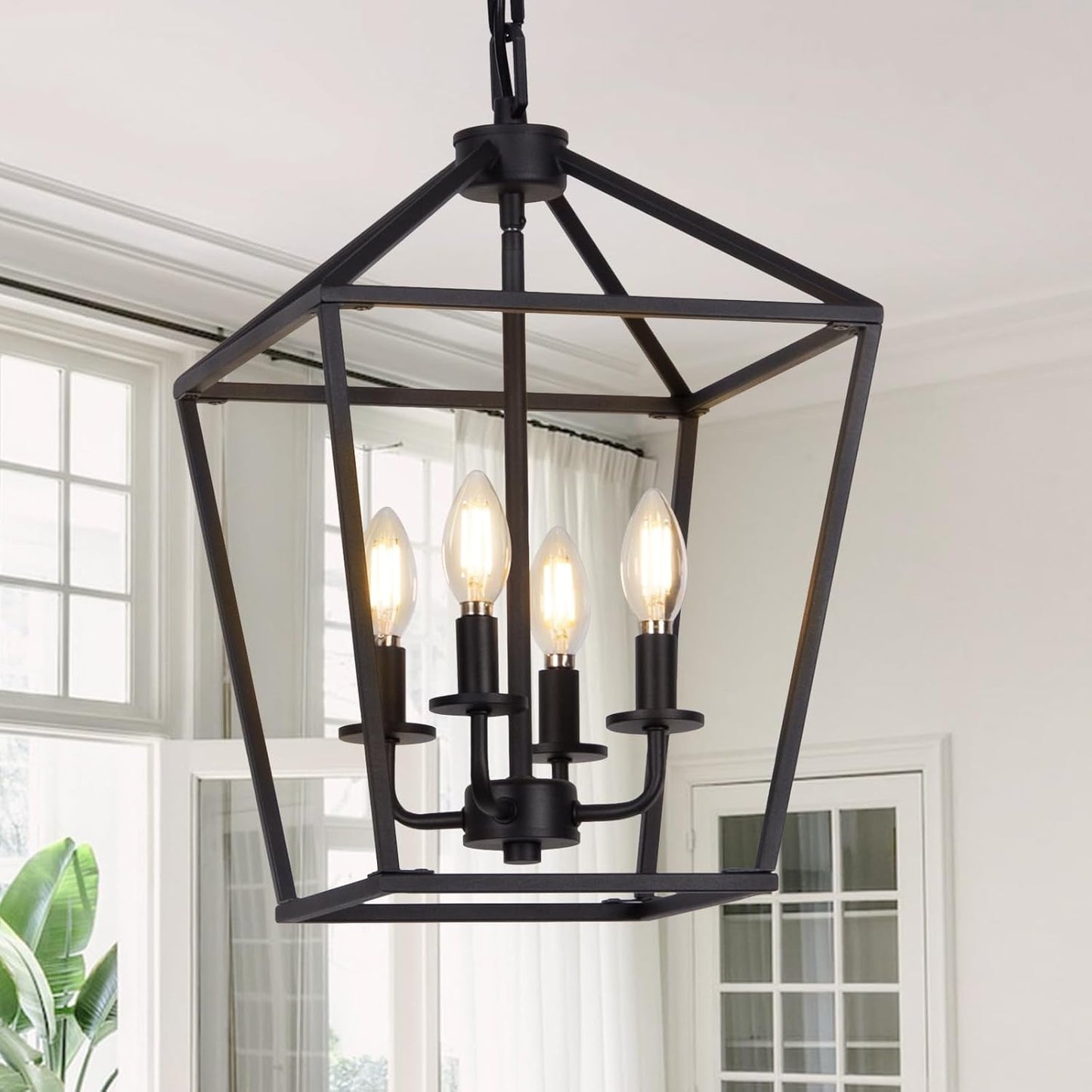 4 Light Chandelier, Industrial Ceiling Light Black Lantern Light Fixtures with Farmhouse Metal Cage Adjustable Height Rustic Geometric Hanging Light E12 Base for Kitchen Island, Entryway, Indoor-0