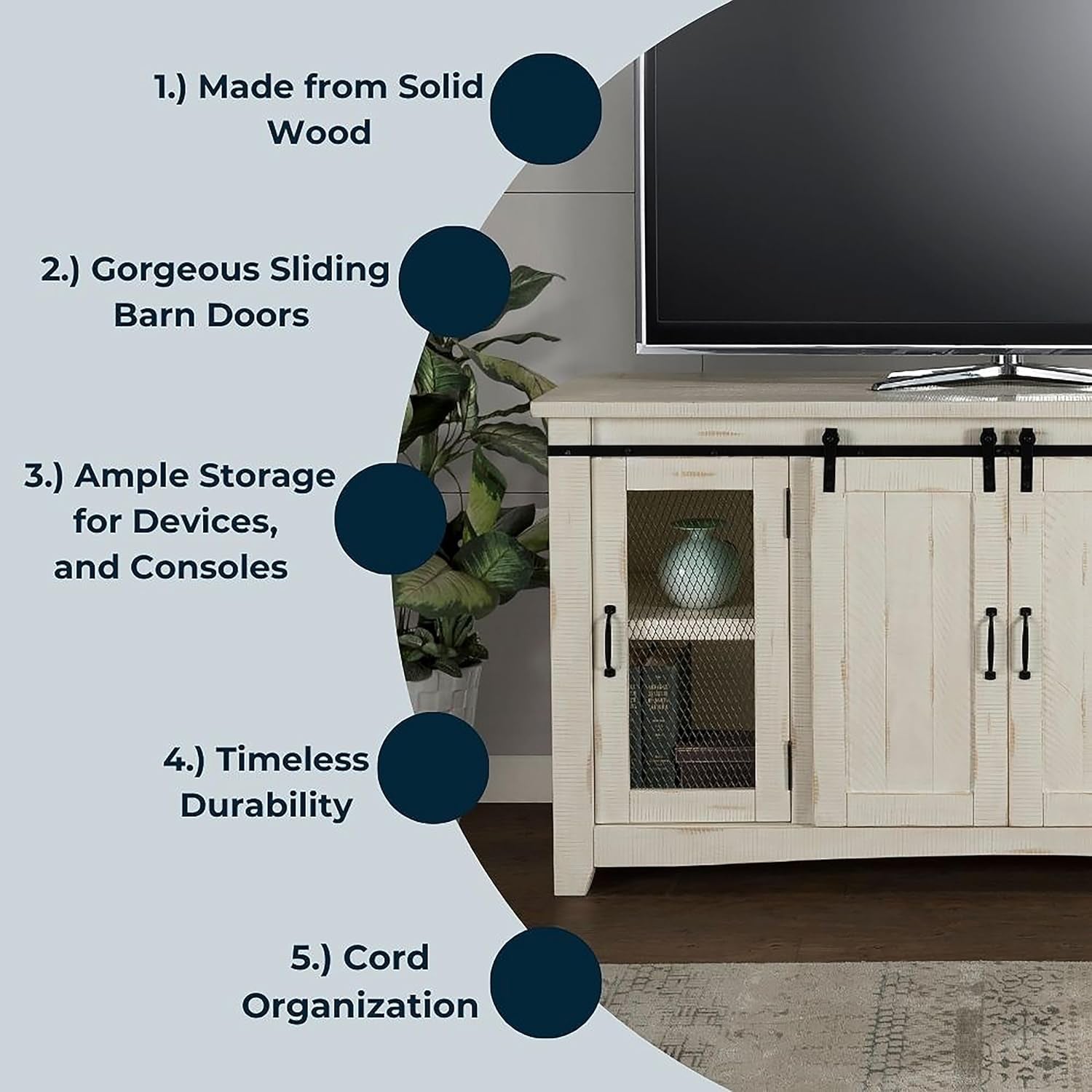 Rustic 65” Solid Wood TV Stand with Storage, All Antique White-3