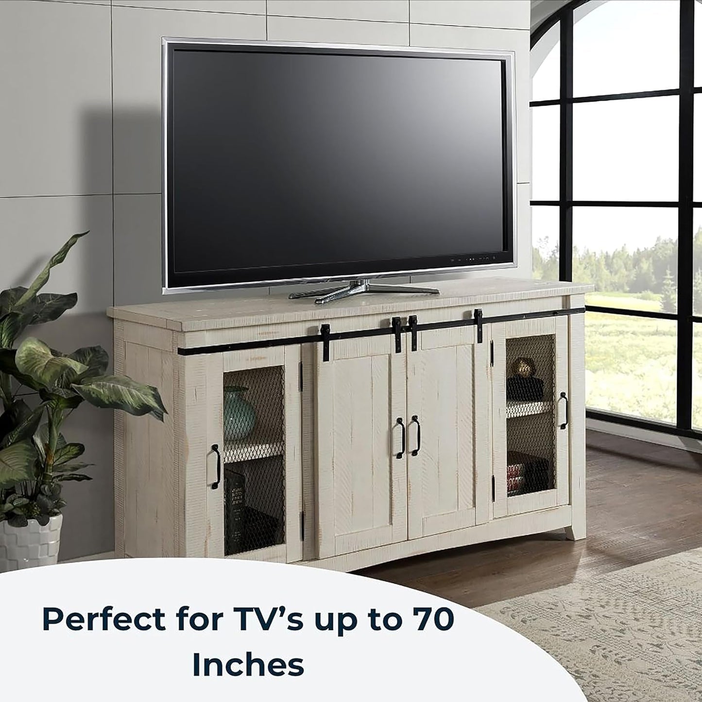 Rustic 65” Solid Wood TV Stand with Storage, All Antique White-4