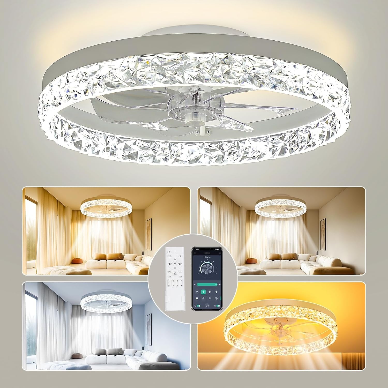 Low Profile Ceiling Fans with Lights and Remote, 20 Inches LED Ceiling Fan Flush Mount with Ambient Backlight, Dimmable & 6 Fan Speeds, White Modern Fan Light Ceiling Fixtures for Bedroom/Living Room-0