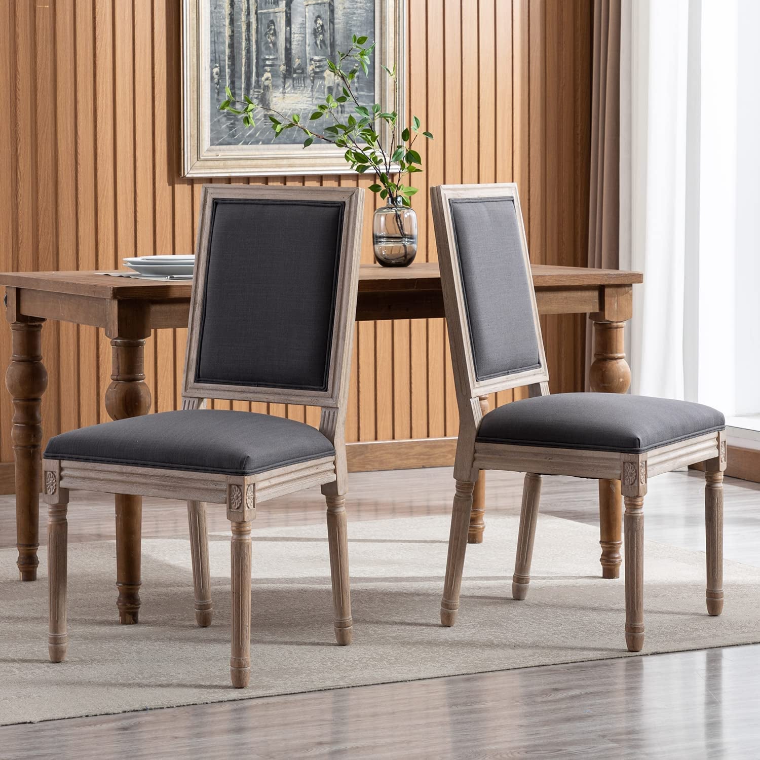 Set of 6 French Country Farmhouse Dining Chairs, Square Backrest, Upholstered, Solid Wood Leg-1