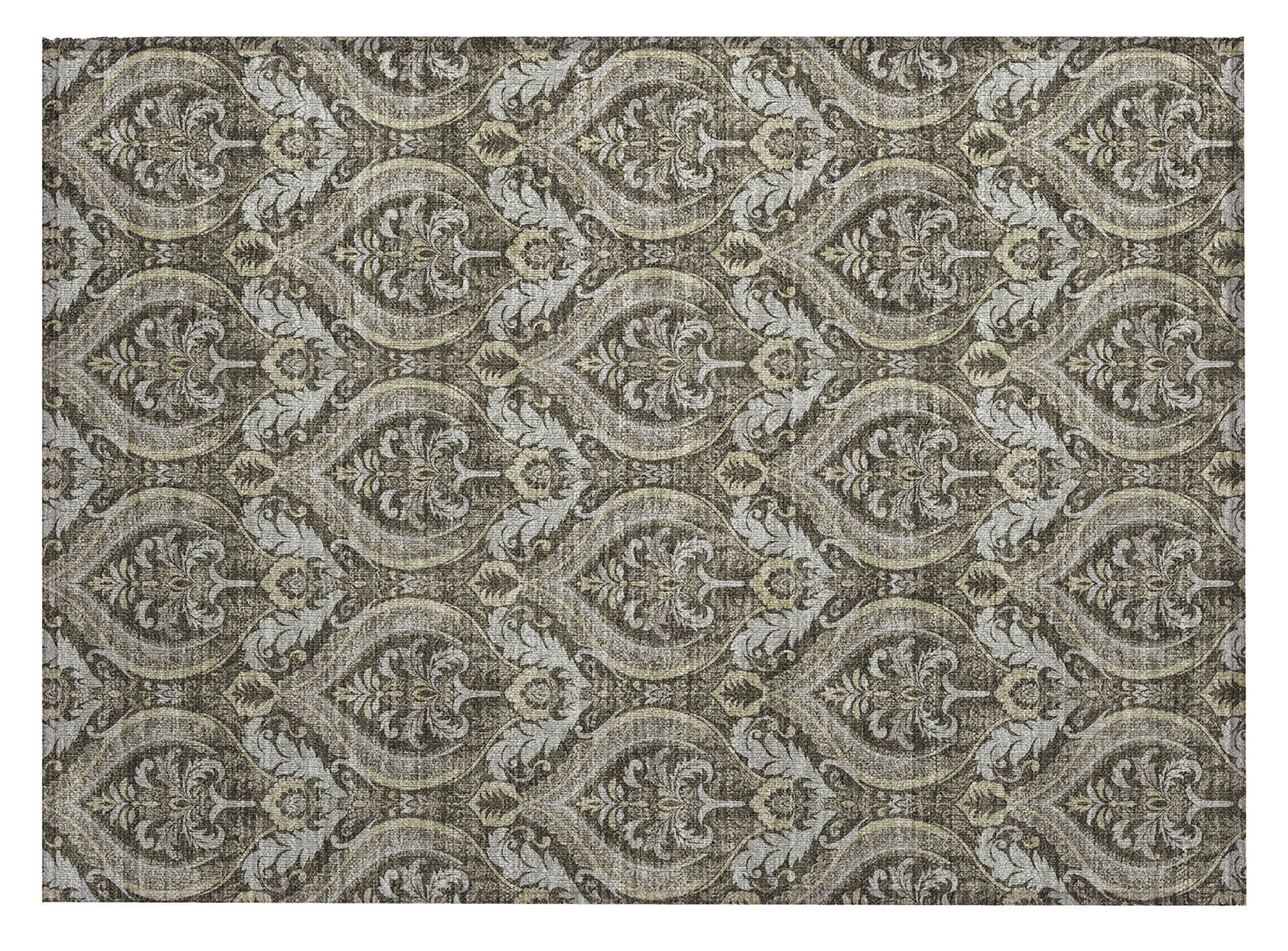 2' X 3' Taupe and Beige Damask Washable Non Skid Indoor Outdoor Area Rug-1
