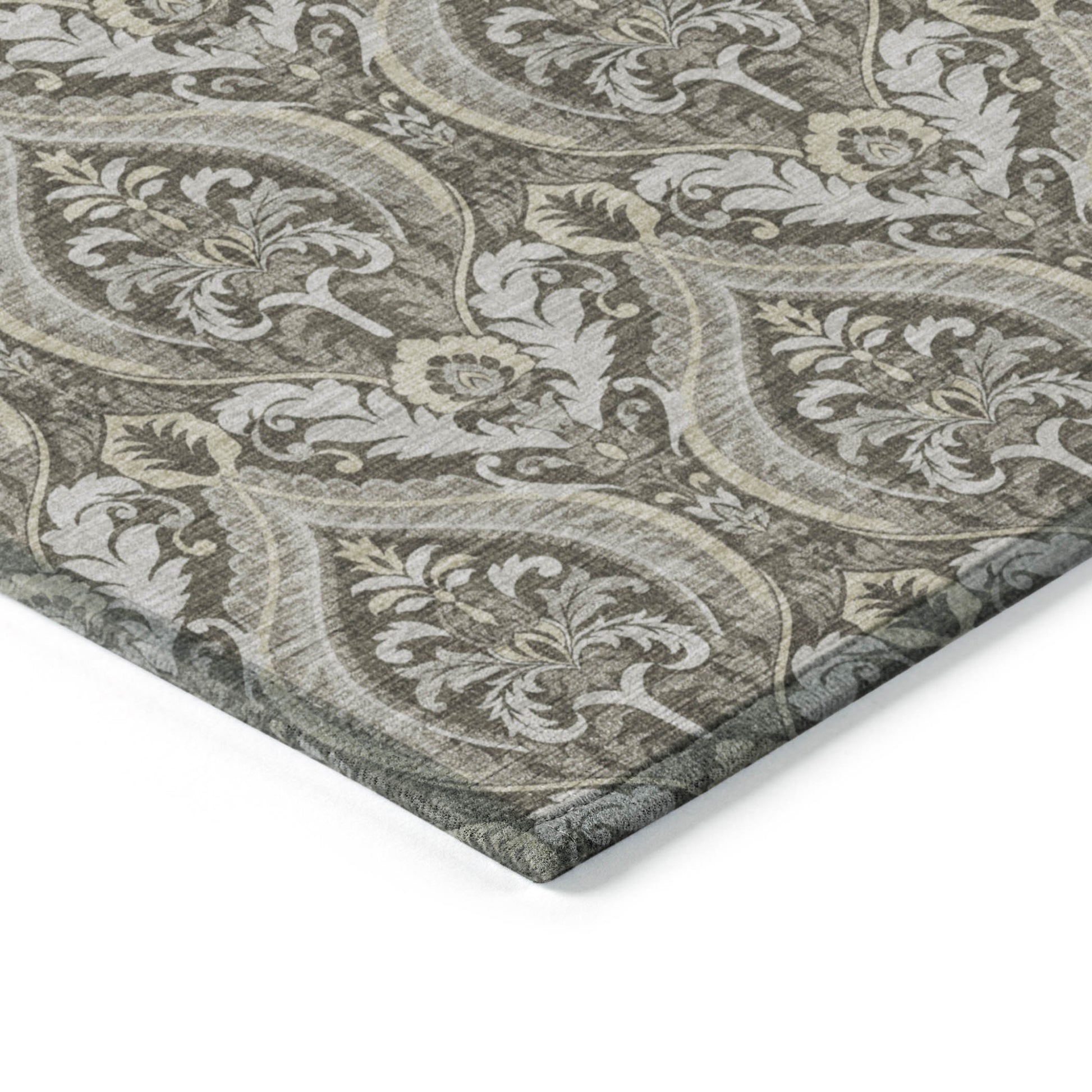 2' X 3' Taupe and Beige Damask Washable Non Skid Indoor Outdoor Area Rug-6