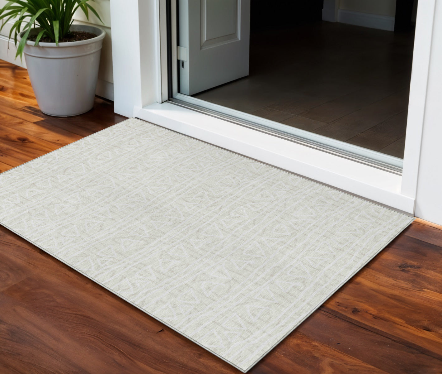 3' X 5' Ivory And Beige Geometric Washable Indoor Outdoor Area Rug-0