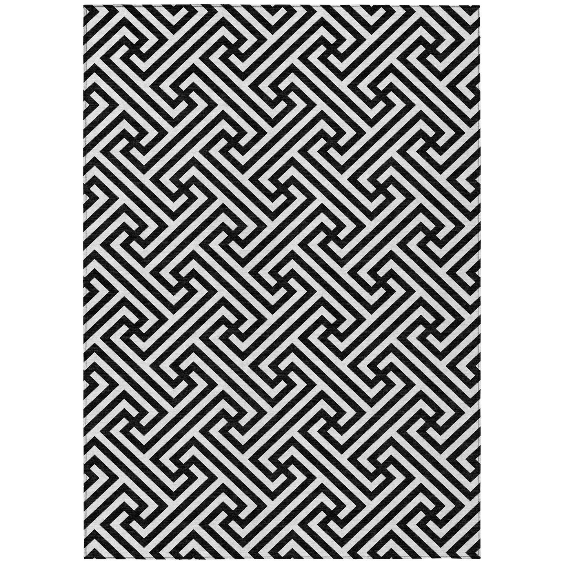9' X 12' Black And Ivory Geometric Washable Indoor Outdoor Area Rug-1