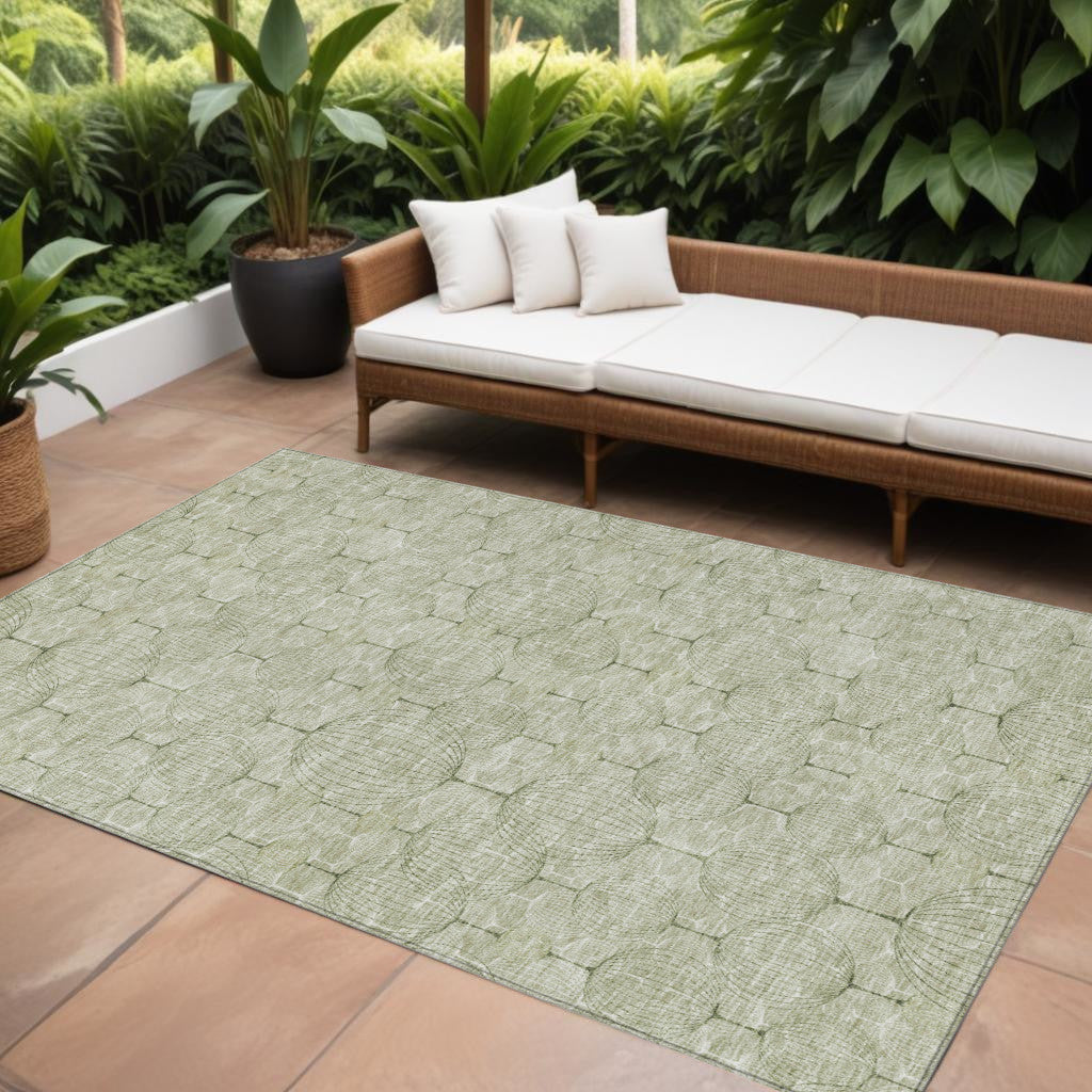 8' X 10' Artichoke Green And Ivory Geometric Washable Indoor Outdoor Area Rug-0