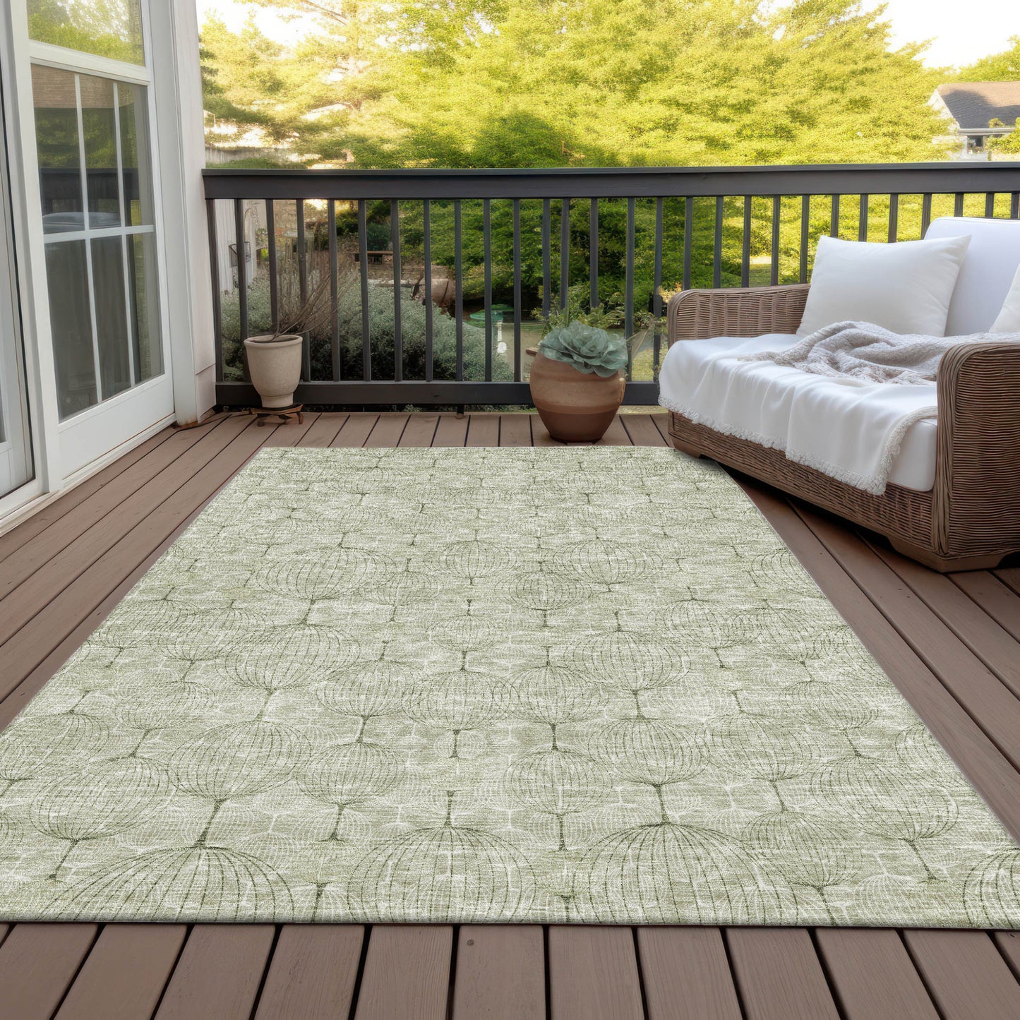 8' X 10' Artichoke Green And Ivory Geometric Washable Indoor Outdoor Area Rug-6