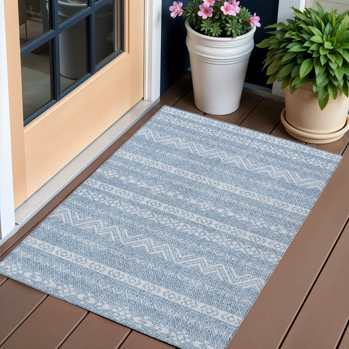 3' X 5' Blue And Denim Blue Southwestern Washable Indoor Outdoor Area Rug-0