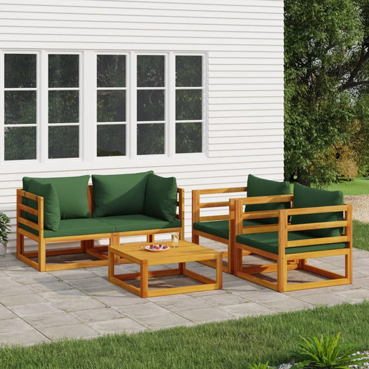 vidaXL 5 Piece Patio Lounge Set with Green Cushions Solid Wood-0