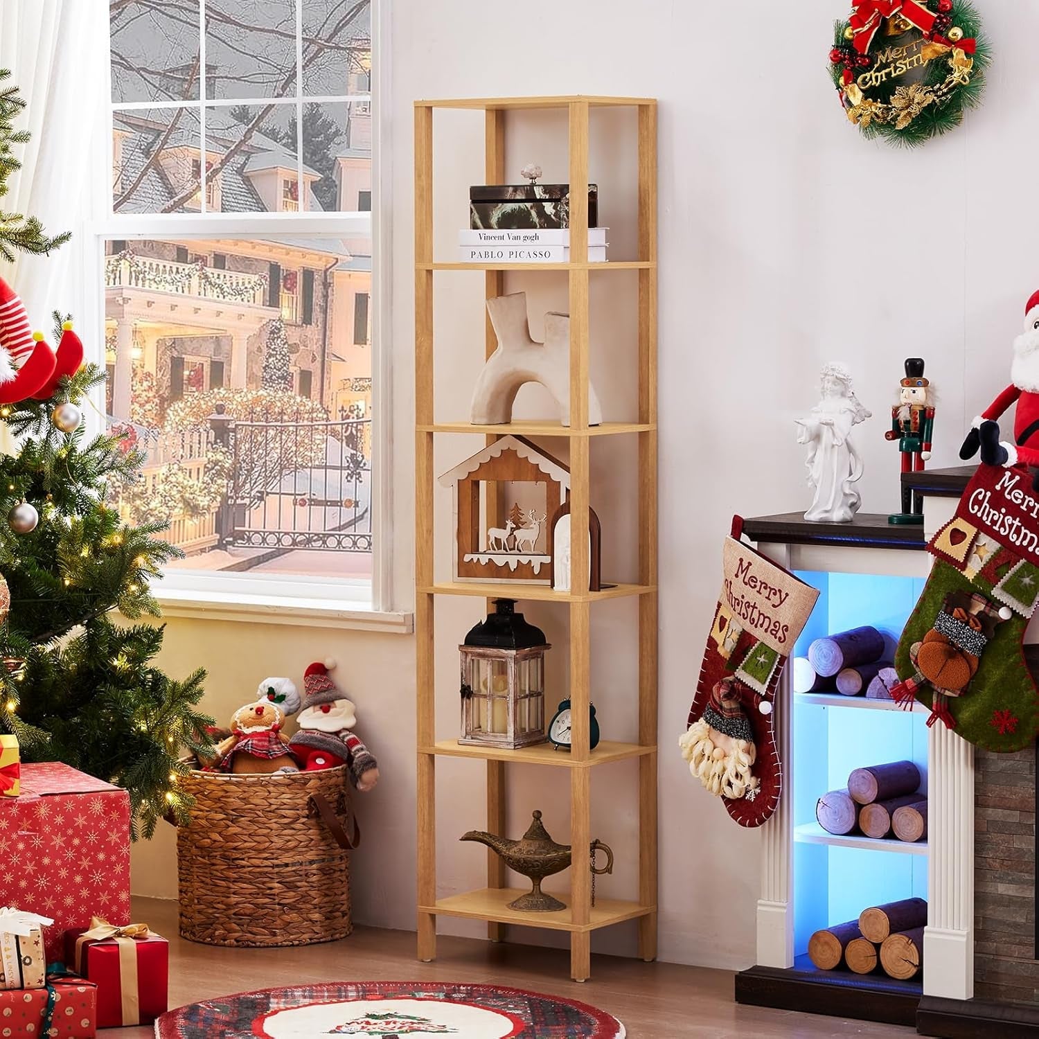 66In Tall Bookshelf 6-Tier Small Narrow Bookcase, Skinny Book Shelf for Small Space, Farmhouse Slim Shelf with Storage, Wood Freestanding Display Thin Bookshelves for Living Room, Natural-2