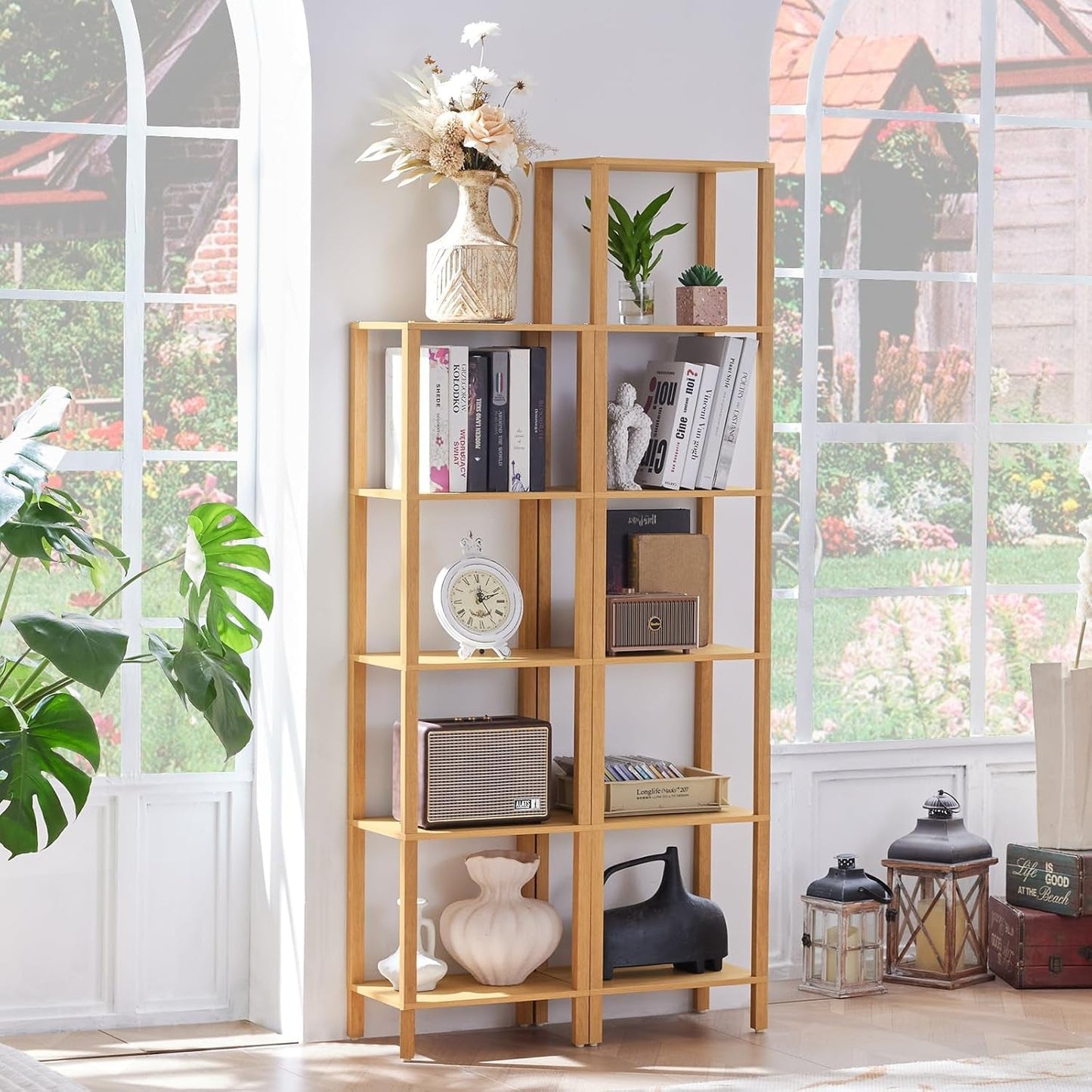 66In Tall Bookshelf 6-Tier Small Narrow Bookcase, Skinny Book Shelf for Small Space, Farmhouse Slim Shelf with Storage, Wood Freestanding Display Thin Bookshelves for Living Room, Natural-3