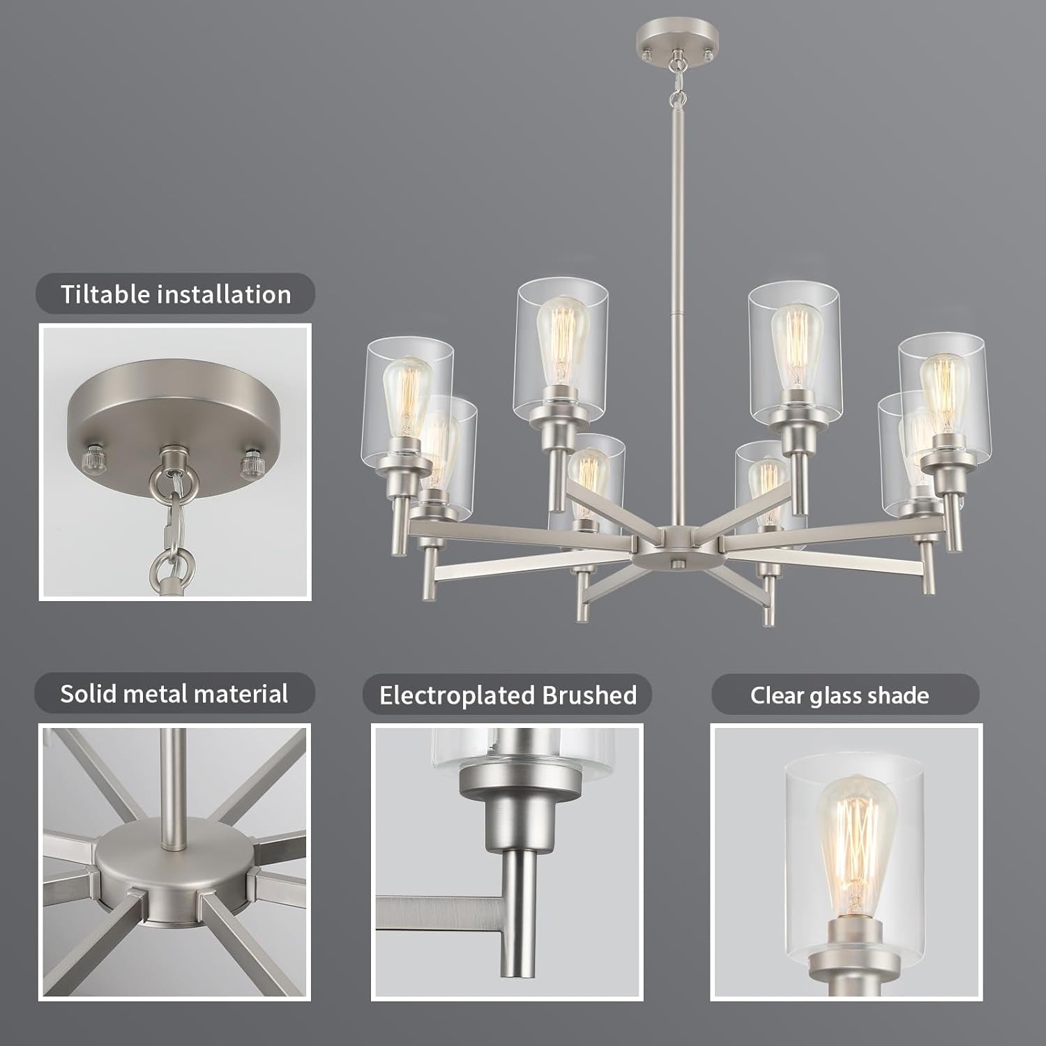 8 Light Brushed Nickel Chandelier: Dining Room, Living-1